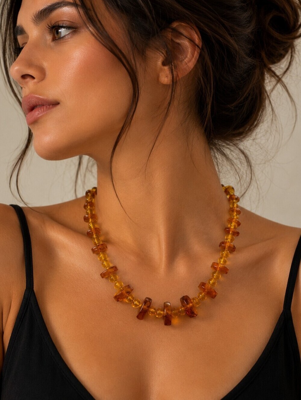 Vintage Amber Czech Glass Disc Rondelle Beaded Necklace